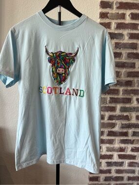 Scotland Blue Graphic Tee with Colorful Rainbow Highland Cow Adult Large